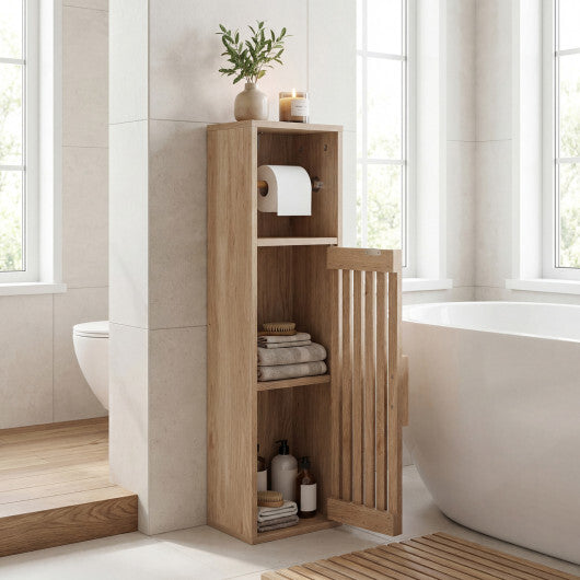 Costway Slim Bathroom Cabinets Freestanding Toilet Paper Holder Stand with Door-Natural LuxuryLifeWay Online Store
