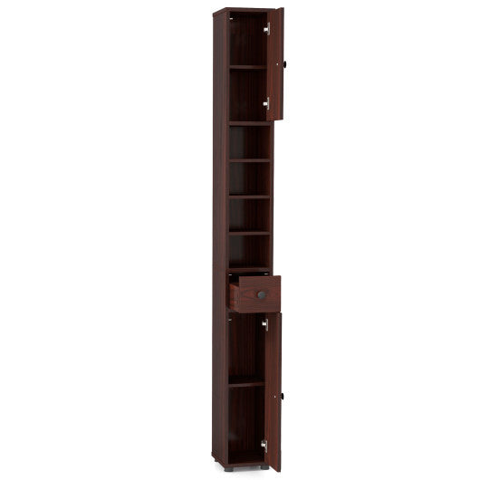 Costway Freestanding Slim Bathroom Cabinet with Drawer and Adjustable Shelves-Brown LuxuryLifeWay Online Store