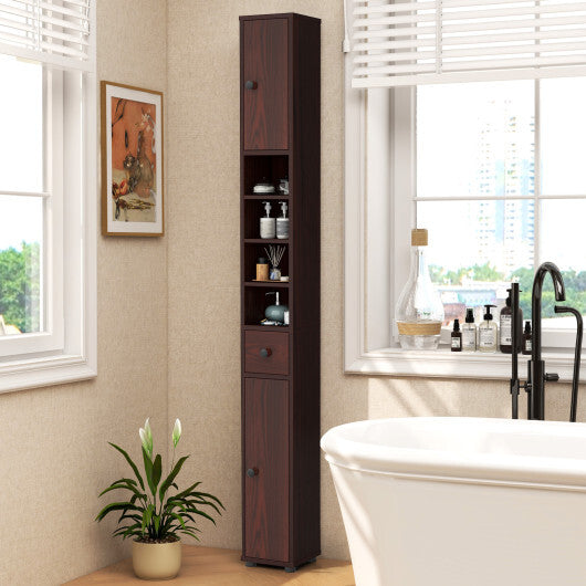 Costway Freestanding Slim Bathroom Cabinet with Drawer and Adjustable Shelves-Brown LuxuryLifeWay Online Store