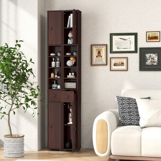 Costway Freestanding Slim Bathroom Cabinet with Drawer and Adjustable Shelves-Brown LuxuryLifeWay Online Store