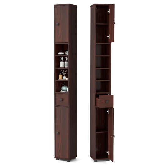 Costway Freestanding Slim Bathroom Cabinet with Drawer and Adjustable Shelves-Brown LuxuryLifeWay Online Store