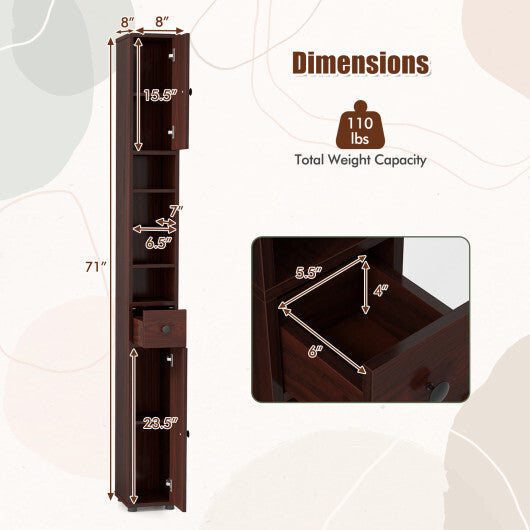 Costway Freestanding Slim Bathroom Cabinet with Drawer and Adjustable Shelves-Brown LuxuryLifeWay Online Store