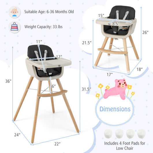Babyjoy 3 in 1 Convertible Wooden High Chair Toddler Feeding Chair with Cushion Black LuxuryLifeWay Online Store