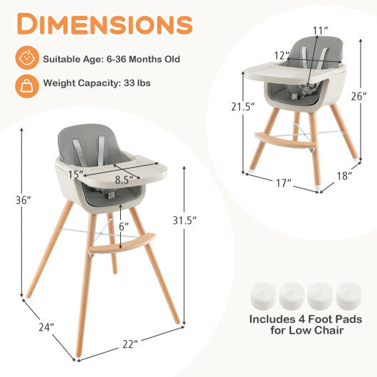 Babyjoy 3 in 1 Convertible Wooden High Chair Toddler Feeding Chair with Cushion Grey LuxuryLifeWay Online Store