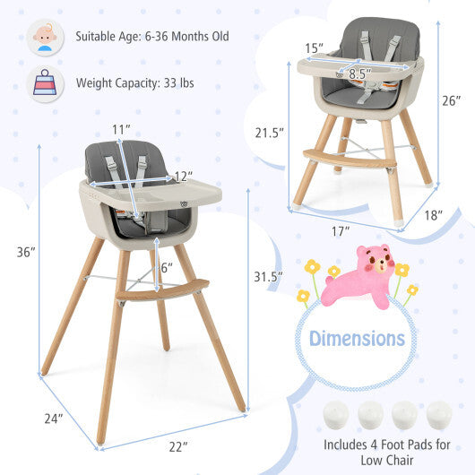 Babyjoy 3 in 1 Convertible Wooden High Chair Toddler Feeding Chair with Cushion Dark Grey LuxuryLifeWay Online Store