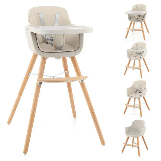 Babyjoy 3 in 1 Convertible Wooden High Chair Toddler Feeding Chair with Cushion Beige LuxuryLifeWay Online Store