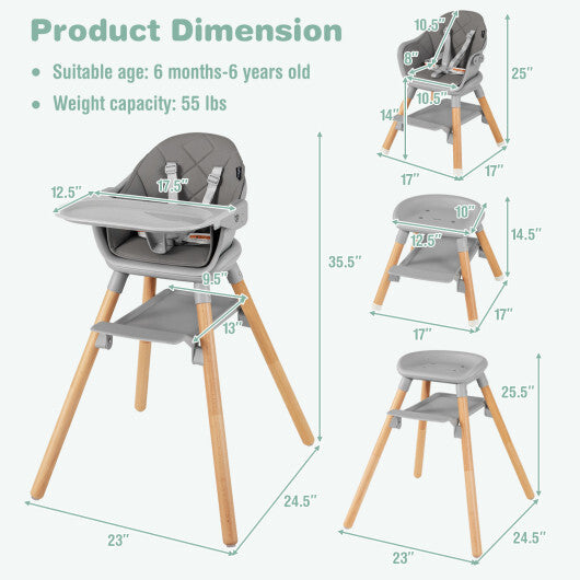 Babyjoy 6 in 1 Convertible Highchair with Safety Harness and Removable Tray Gray LuxuryLifeWay Online Store