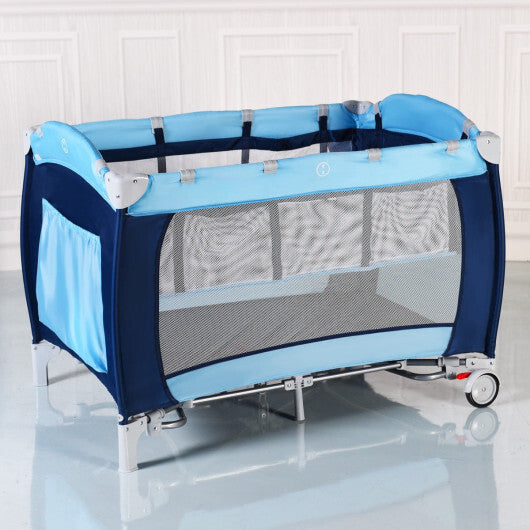 Costway Foldable Baby Crib Playpen Travel Infant Flat Bassinet Bed Mosquito Net Music with Bag Blue LuxuryLifeWay Online Store