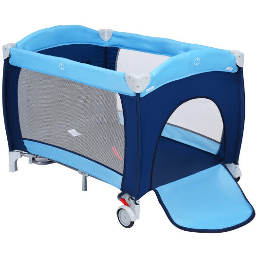 Costway Foldable Baby Crib Playpen Travel Infant Flat Bassinet Bed Mosquito Net Music with Bag Blue LuxuryLifeWay Online Store