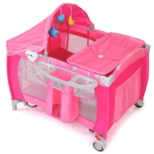 Costway Foldable Baby Crib Playpen Travel Infant Flat Bassinet Bed Mosquito Net Music with Bag Pink LuxuryLifeWay Online Store