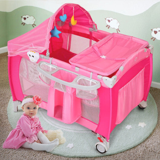 Costway Foldable Baby Crib Playpen Travel Infant Flat Bassinet Bed Mosquito Net Music with Bag Pink LuxuryLifeWay Online Store