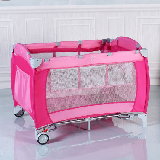 Costway Foldable Baby Crib Playpen Travel Infant Flat Bassinet Bed Mosquito Net Music with Bag Pink LuxuryLifeWay Online Store