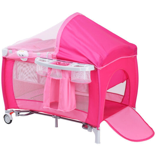 Costway Foldable Baby Crib Playpen Travel Infant Flat Bassinet Bed Mosquito Net Music with Bag Pink LuxuryLifeWay Online Store