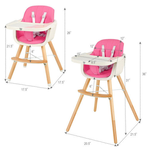 Babyjoy 3 in 1 Convertible Wooden High Chair Toddler Feeding Chair with Cushion Pink LuxuryLifeWay Online Store