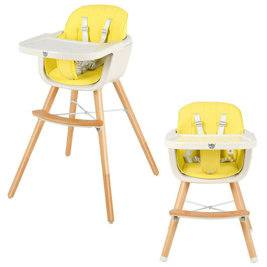 Babyjoy 3 in 1 Convertible Wooden High Chair Toddler Feeding Chair with Cushion Yellow LuxuryLifeWay Online Store