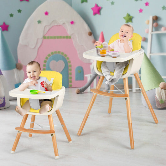 Babyjoy 3 in 1 Convertible Wooden High Chair Toddler Feeding Chair with Cushion Yellow LuxuryLifeWay Online Store
