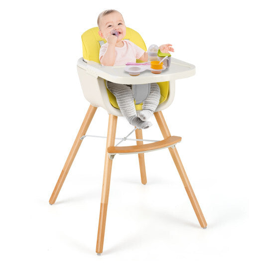 Babyjoy 3 in 1 Convertible Wooden High Chair Toddler Feeding Chair with Cushion Yellow LuxuryLifeWay Online Store
