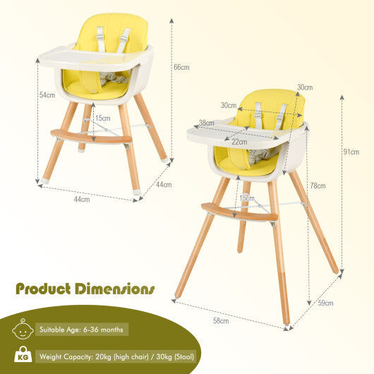 Babyjoy 3 in 1 Convertible Wooden High Chair Toddler Feeding Chair with Cushion Yellow LuxuryLifeWay Online Store