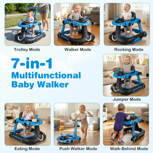 Costway 6-in-1 Baby Walker with Canopy Portable Activity Center Bouncer Rocker Combo with Music-Blue