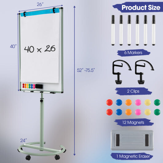 Costway Height-Adjustable Mobile Whiteboard with Round Stand Paper Clips-Green LuxuryLifeWay Online Store