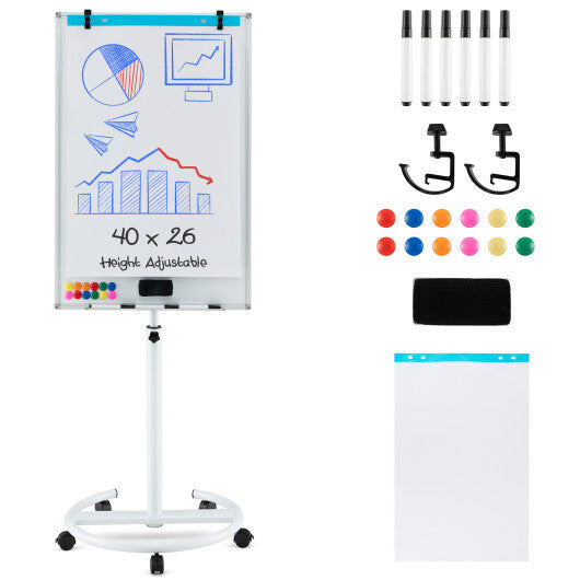 Costway Height-Adjustable Mobile Whiteboard with Round Stand Paper Clips-White LuxuryLifeWay Online Store