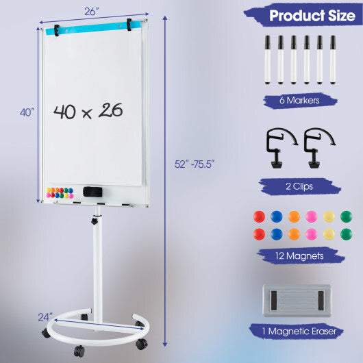 Costway Height-Adjustable Mobile Whiteboard with Round Stand Paper Clips-White LuxuryLifeWay Online Store