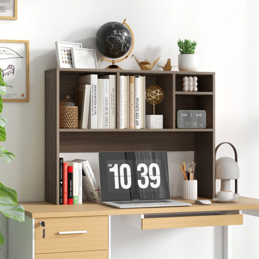 Costway Computer Desktop Bookcase with 4 Cubbies and Open Back Compartment-Gray LuxuryLifeWay Online Store