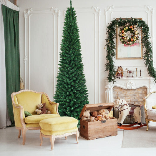 Costway 9Ft PVC Artificial Pencil Christmas Tree Slim Stand Green LuxuryLifeWay Online Store
