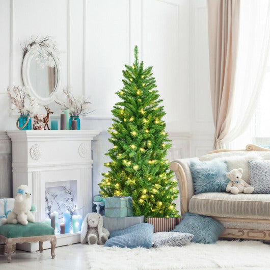 Costway 5 Feet PVC Hinged Pre-Lit Artificial Fir Pencil Christmas Tree with 150 Lights-5 ft LuxuryLifeWay Online Store