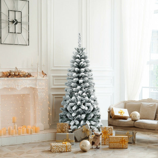 Costway 4.5 Feet Unlit Hinged Snow Flocked Artificial Pencil Christmas Tree with 242 Branch LuxuryLifeWay Online Store