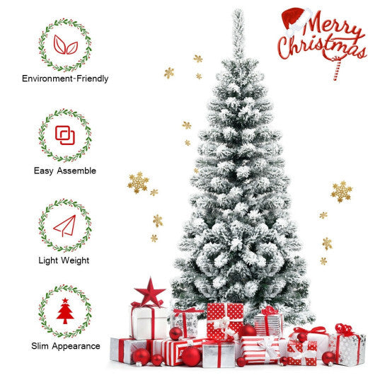 Costway 4.5 Feet Unlit Hinged Snow Flocked Artificial Pencil Christmas Tree with 242 Branch LuxuryLifeWay Online Store