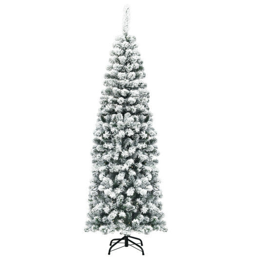 Costway 6Ft Unlit Hinged Snow Flocked Artificial Pencil Christmas Tree with 500 Branch Tips LuxuryLifeWay Online Store