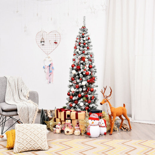 Costway 6Ft Unlit Hinged Snow Flocked Artificial Pencil Christmas Tree with 500 Branch Tips LuxuryLifeWay Online Store