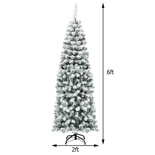 Costway 6Ft Unlit Hinged Snow Flocked Artificial Pencil Christmas Tree with 500 Branch Tips LuxuryLifeWay Online Store