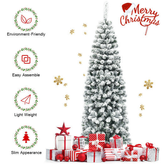 Costway 6Ft Unlit Hinged Snow Flocked Artificial Pencil Christmas Tree with 500 Branch Tips LuxuryLifeWay Online Store