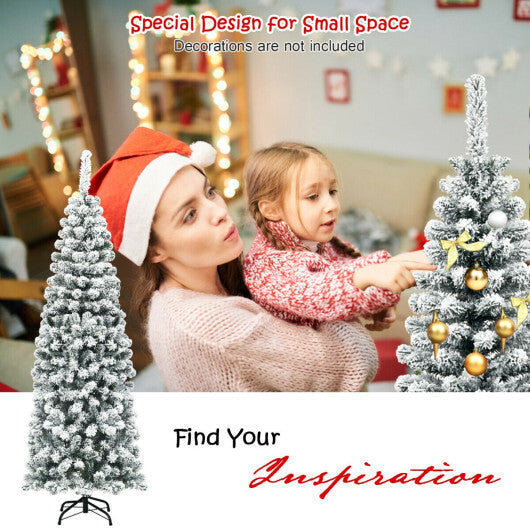 Costway 6Ft Unlit Hinged Snow Flocked Artificial Pencil Christmas Tree with 500 Branch Tips LuxuryLifeWay Online Store