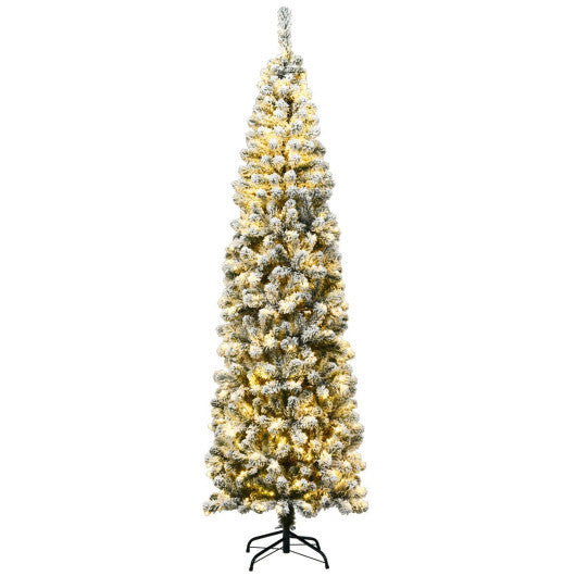 Costway 7.5Ft Pre-lit Snow Flocked Artificial Pencil Christmas Tree with 350 LED Lights LuxuryLifeWay Online Store