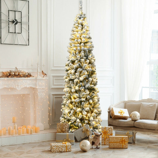 Costway 7.5Ft Pre-lit Snow Flocked Artificial Pencil Christmas Tree with 350 LED Lights LuxuryLifeWay Online Store