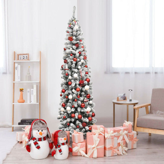 Costway 7.5Ft Pre-lit Snow Flocked Artificial Pencil Christmas Tree with 350 LED Lights LuxuryLifeWay Online Store