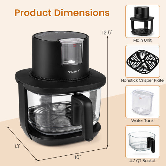Costway 4.7 QT Glass Air Fryer with Steam Frying Mode-Black LuxuryLifeWay Online Store