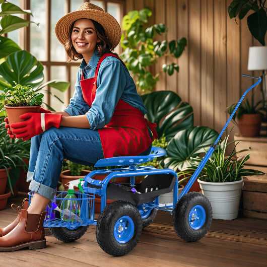 Costway Extendable Handle Garden Cart Rolling Wagon Scooter-Blue LuxuryLifeWay Online Store