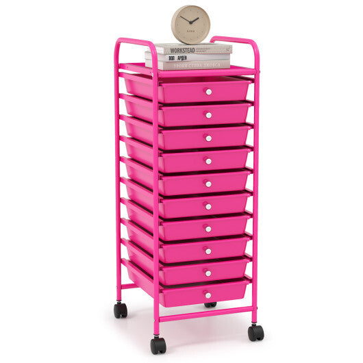 Costway 10 Drawer Rolling Storage Cart Organizer with 4 Universal Casters-Pink LuxuryLifeWay Online Store