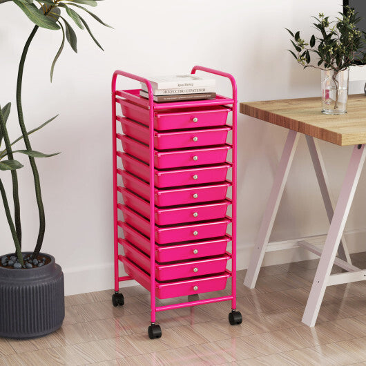 Costway 10 Drawer Rolling Storage Cart Organizer with 4 Universal Casters-Pink LuxuryLifeWay Online Store
