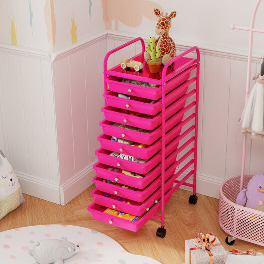 Costway 10 Drawer Rolling Storage Cart Organizer with 4 Universal Casters-Pink LuxuryLifeWay Online Store