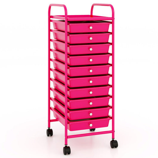Costway 10 Drawer Rolling Storage Cart Organizer with 4 Universal Casters-Pink LuxuryLifeWay Online Store