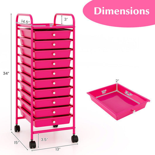 Costway 10 Drawer Rolling Storage Cart Organizer with 4 Universal Casters-Pink LuxuryLifeWay Online Store