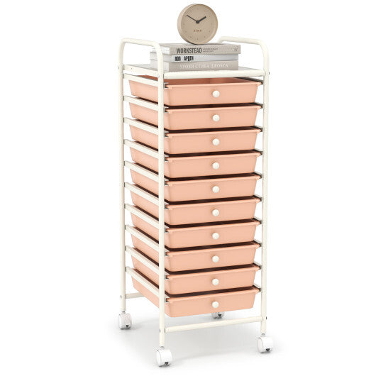 Costway 10 Drawer Rolling Storage Cart Organizer with 4 Universal Casters-Cherry LuxuryLifeWay Online Store