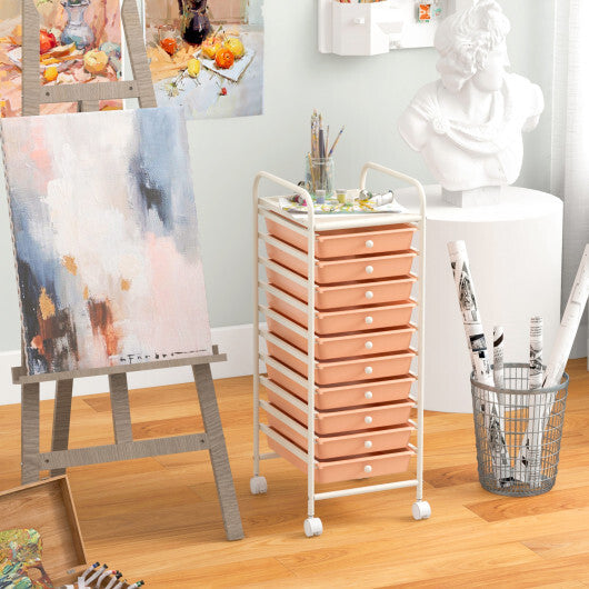 Costway 10 Drawer Rolling Storage Cart Organizer with 4 Universal Casters-Cherry LuxuryLifeWay Online Store