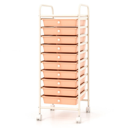 Costway 10 Drawer Rolling Storage Cart Organizer with 4 Universal Casters-Cherry LuxuryLifeWay Online Store