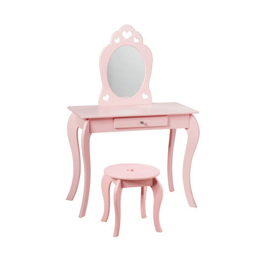Costway Kids Princess Makeup Dressing Play Table Set with Mirror -Pink LuxuryLifeWay Online Store